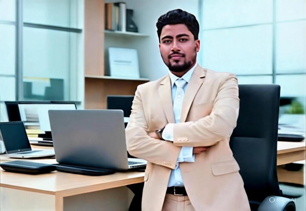 Image of Shadab A. Khan, proprietor of the website shadabakhan.com standing in his office wearing a beige color suit and blue tie.