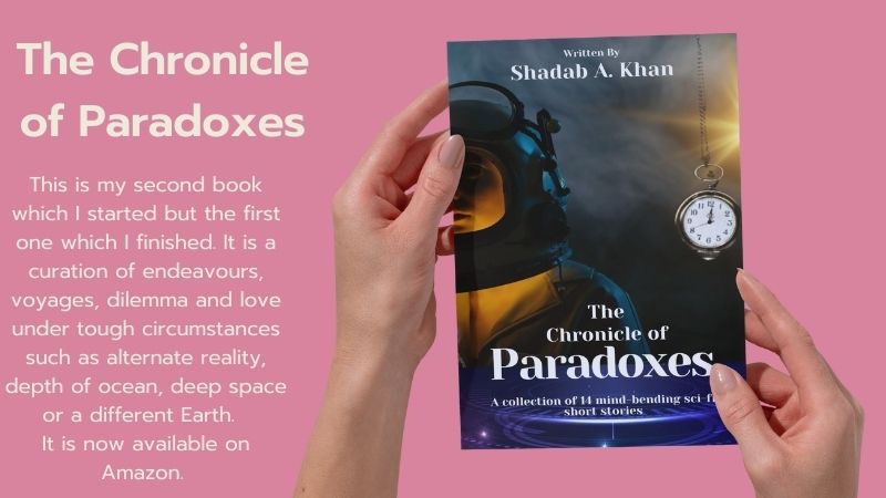 Image of the book "The chronicle of paradoxes" held by two hands. It contains a small description about the book as well.