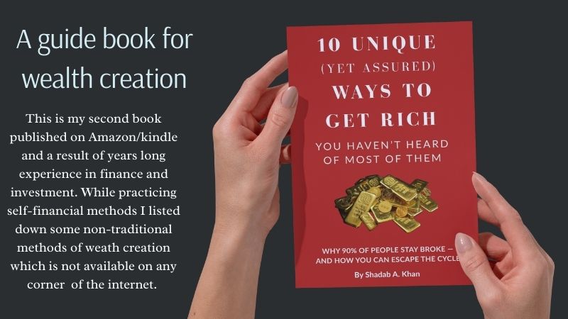 it is an image of the book "10 Unique yet Assured Ways to Get Rich", held by two hands. It contains a short description about the book and its theme that this book is a list of non-conventional methods of wealth creation which is curated after years long industry experience.