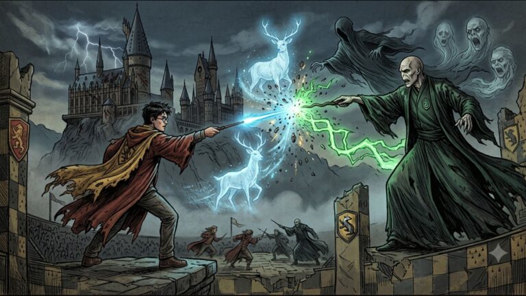 Harry Potter fighting with Voldemort in an illustrative image