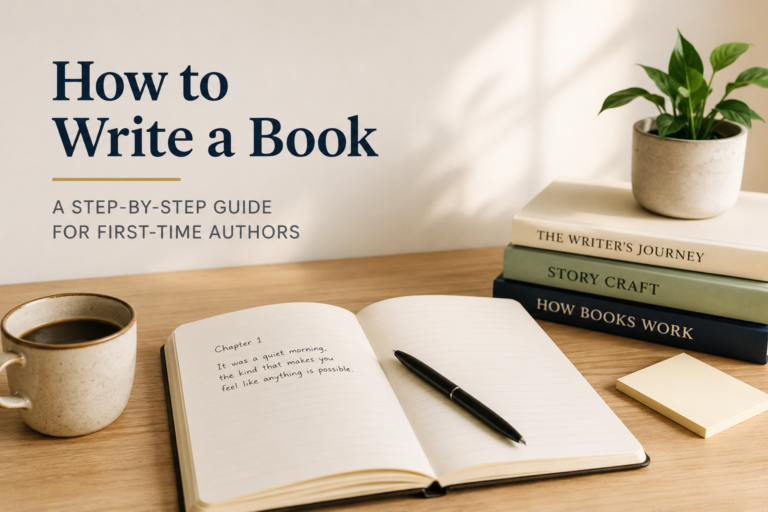 An illustrative featured image for the blog "How to write a book" with some books, a coffee mug, and a small flower pot kept on a table in a quite organized manner